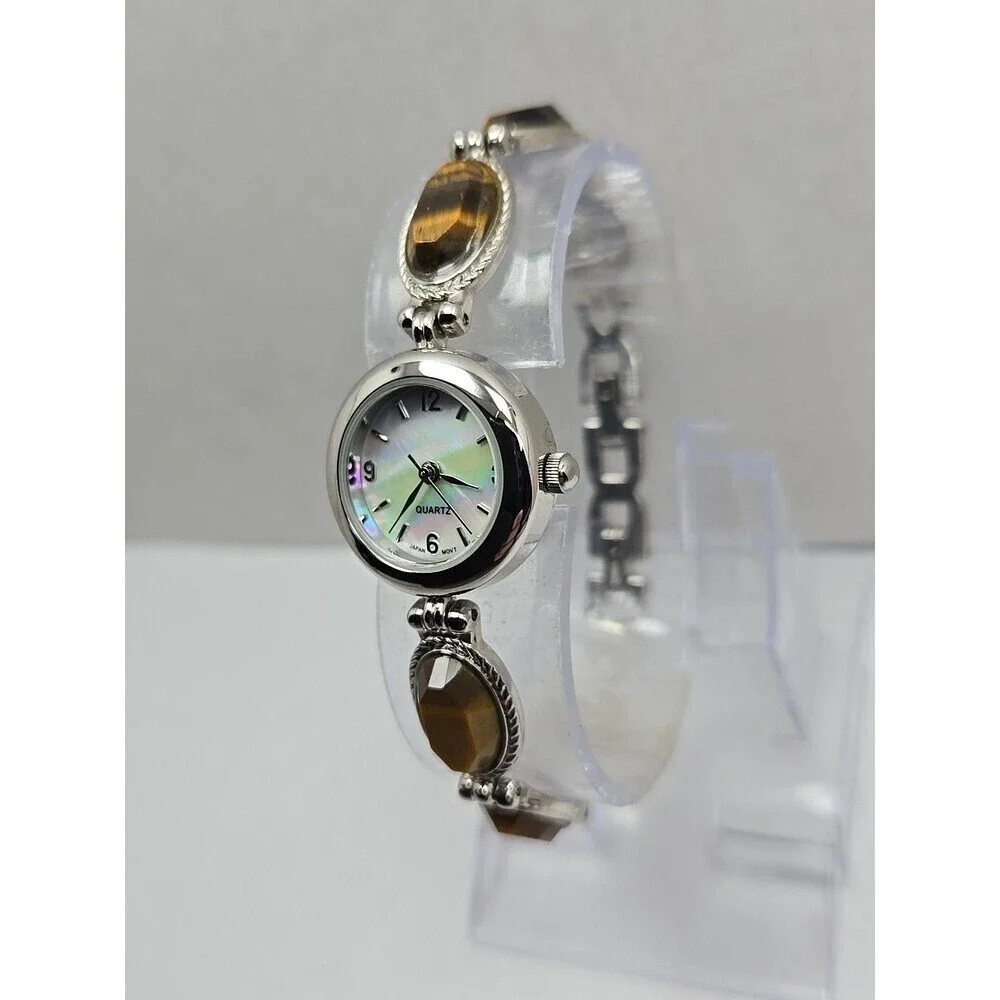 Avon Tigers Eye Cabochon Bracelet Watch Quartz MOP Dial New Battery Steel Back